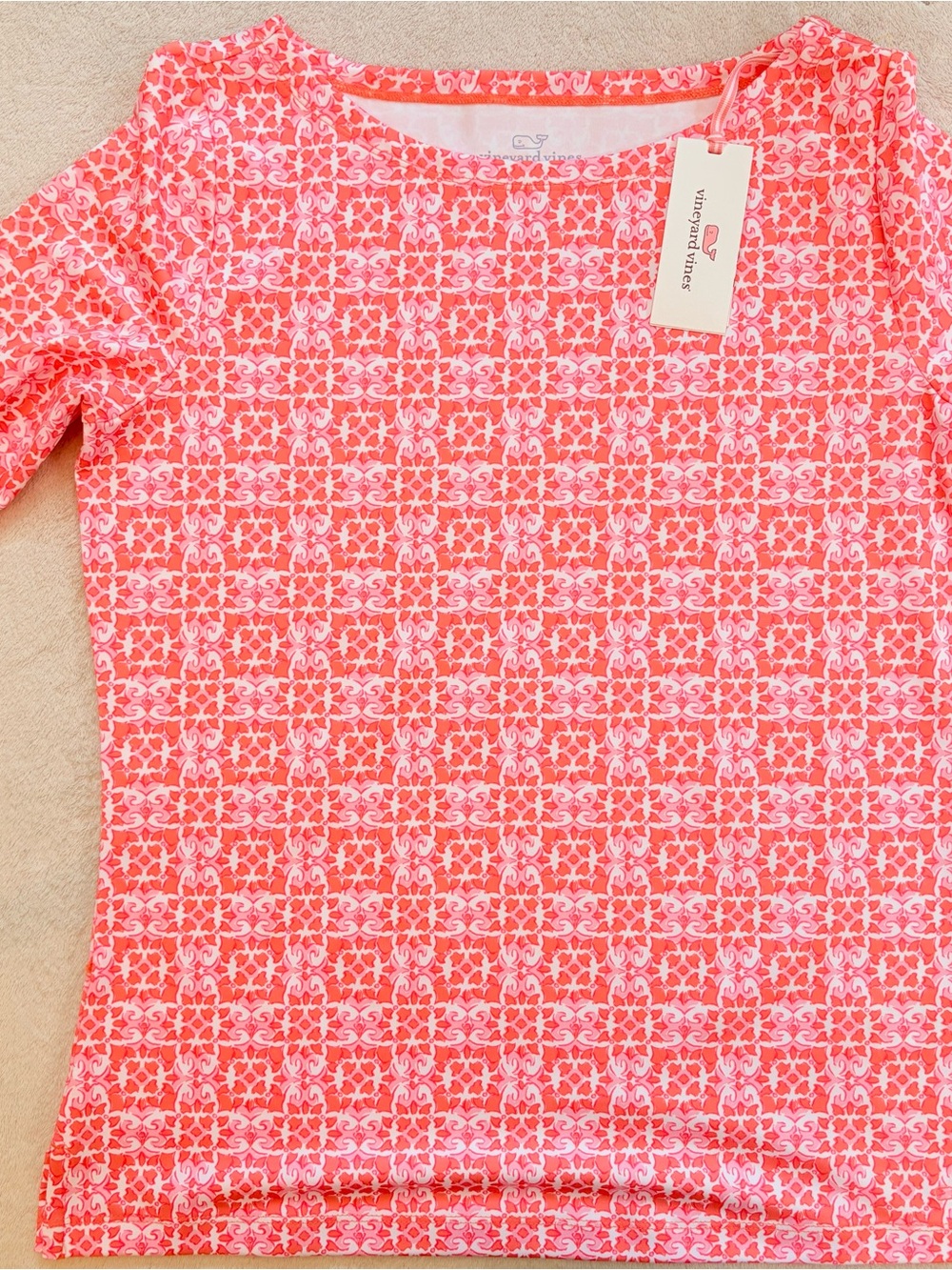Vineyard Vines Sankaty Boatneck Coral & Pink Geometric 3/4 Sleeve Tee Sz S